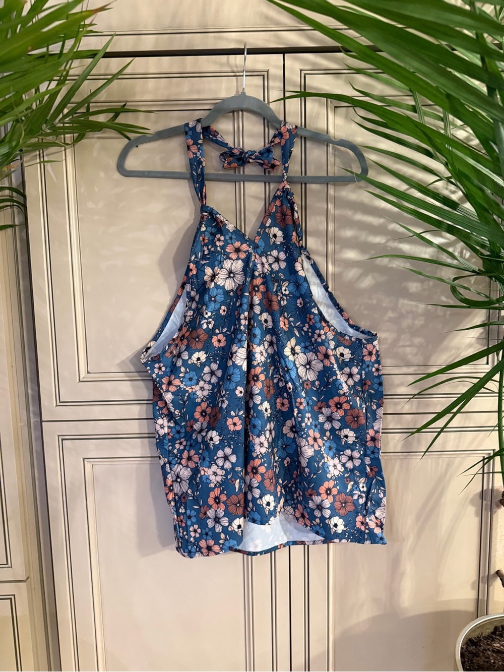 New EMERY ROSE Blue Floral Tie back Halter Tank Top Shirt Western Fall Vibe 1XL